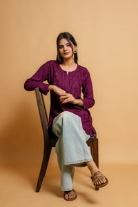 AYVERA Women's WINE Rayon Chikankari Short Kurti