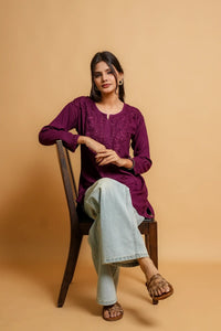 AYVERA Women's Wine Rayon Chikankari Sleeveless Short Kurti