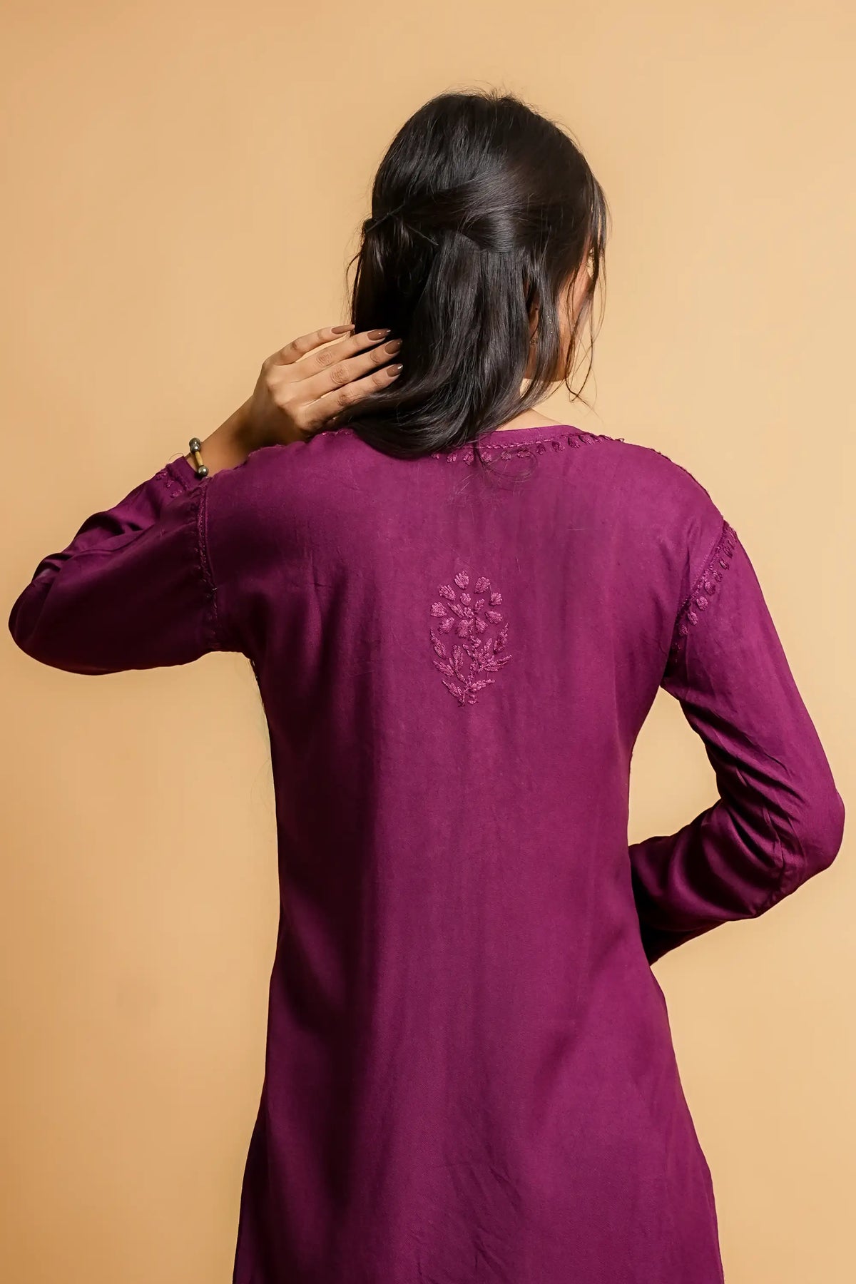 AYVERA Women's Wine Rayon Chikankari Sleeveless Short Kurti
