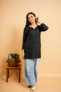 AYVERA Women's Black Rayon Chikankari Short Kurti