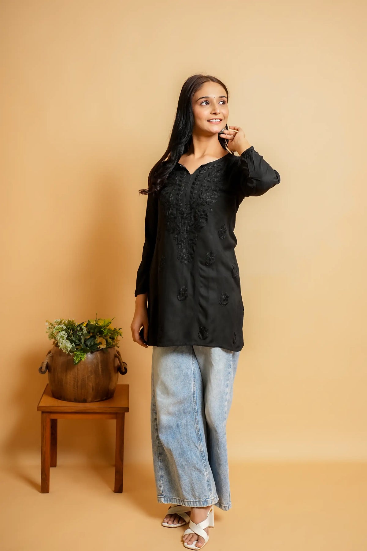 AYVERA Women's Black Rayon Chikankari Short Kurti