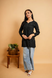 AYVERA Women's Black Rayon Chikankari Short Kurti