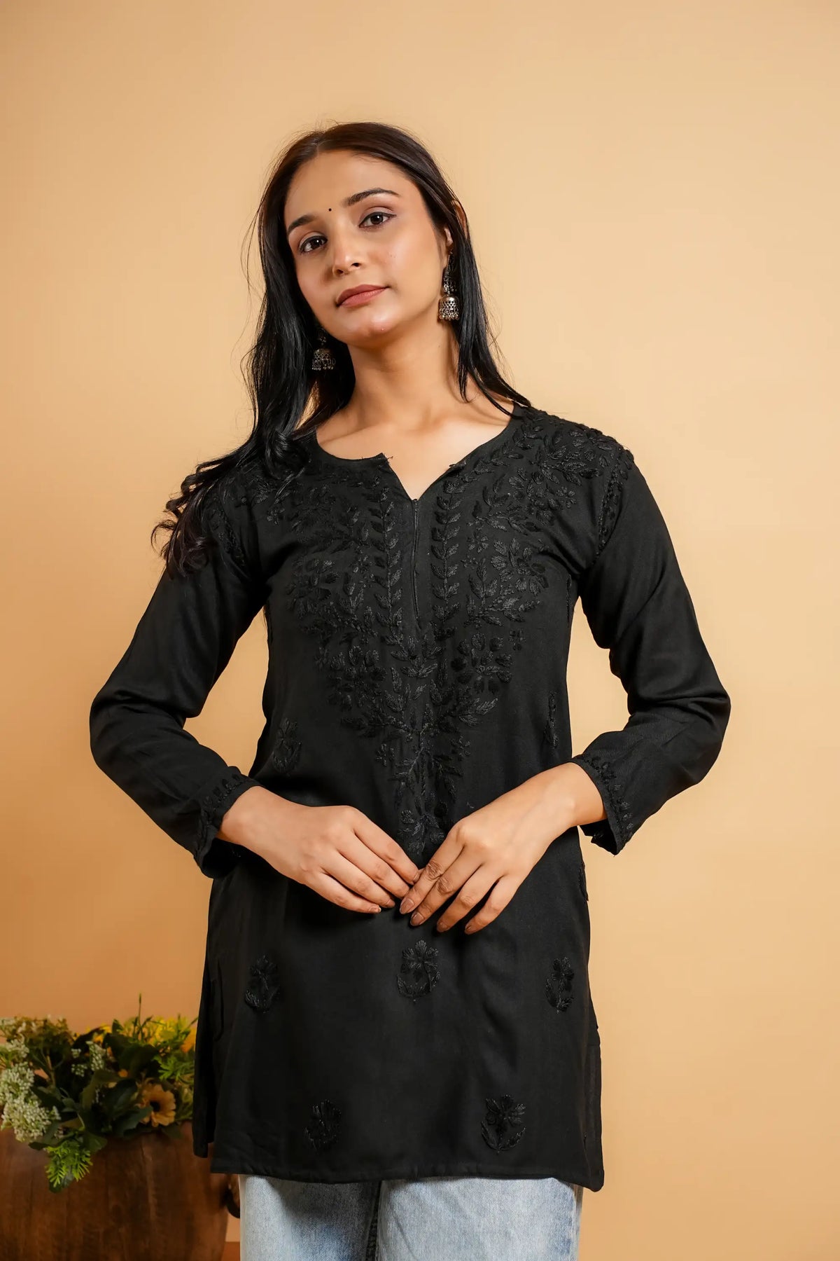 AYVERA Women's Black Rayon Chikankari Short Kurti