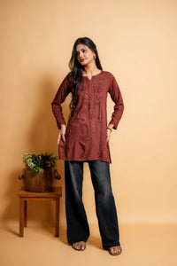 AYVERA Women's Chocolate Brown Rayon Chikankari Short Kurti