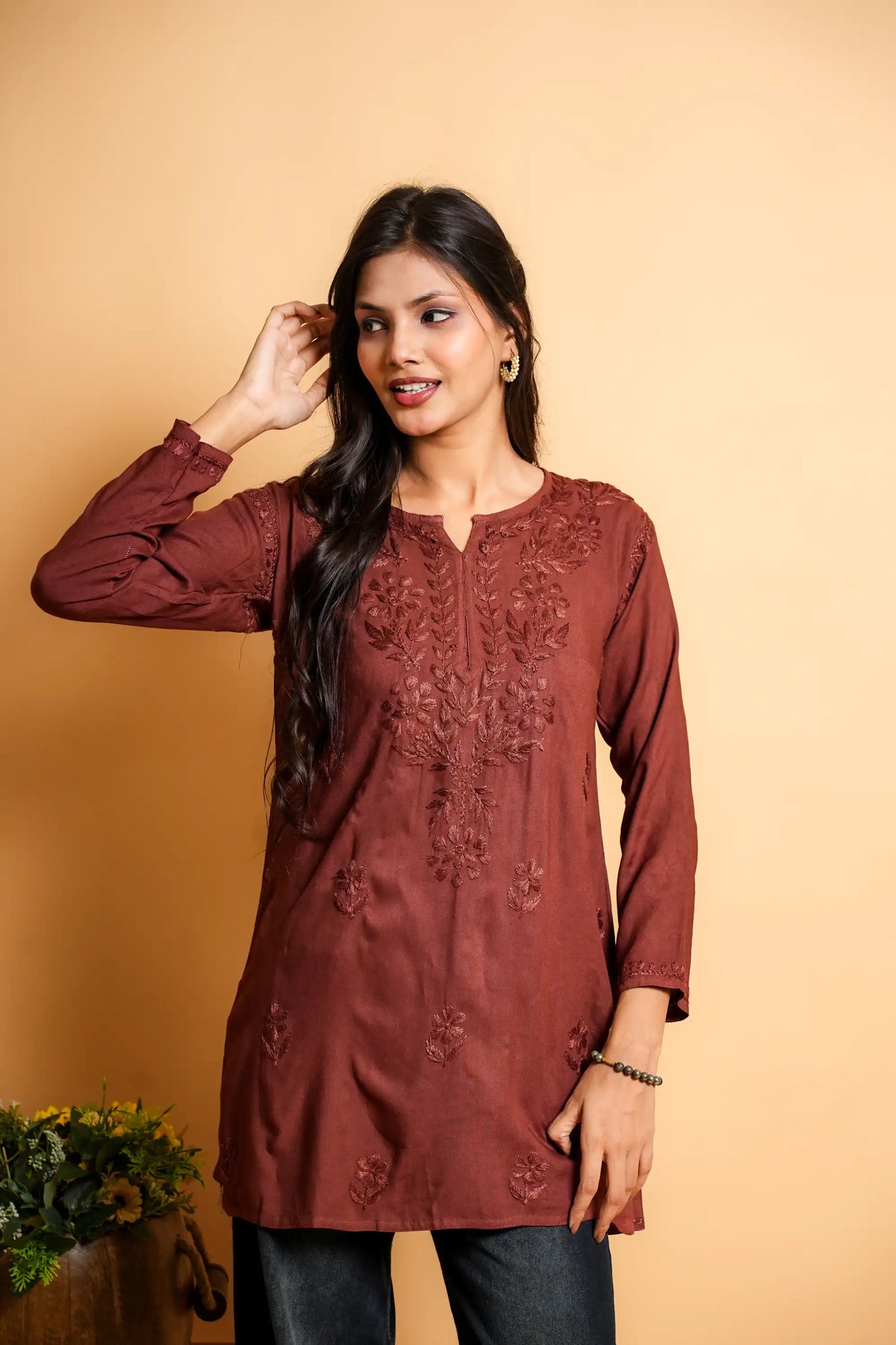 AYVERA Women's Chocolate Brown Rayon Chikankari Short Kurti