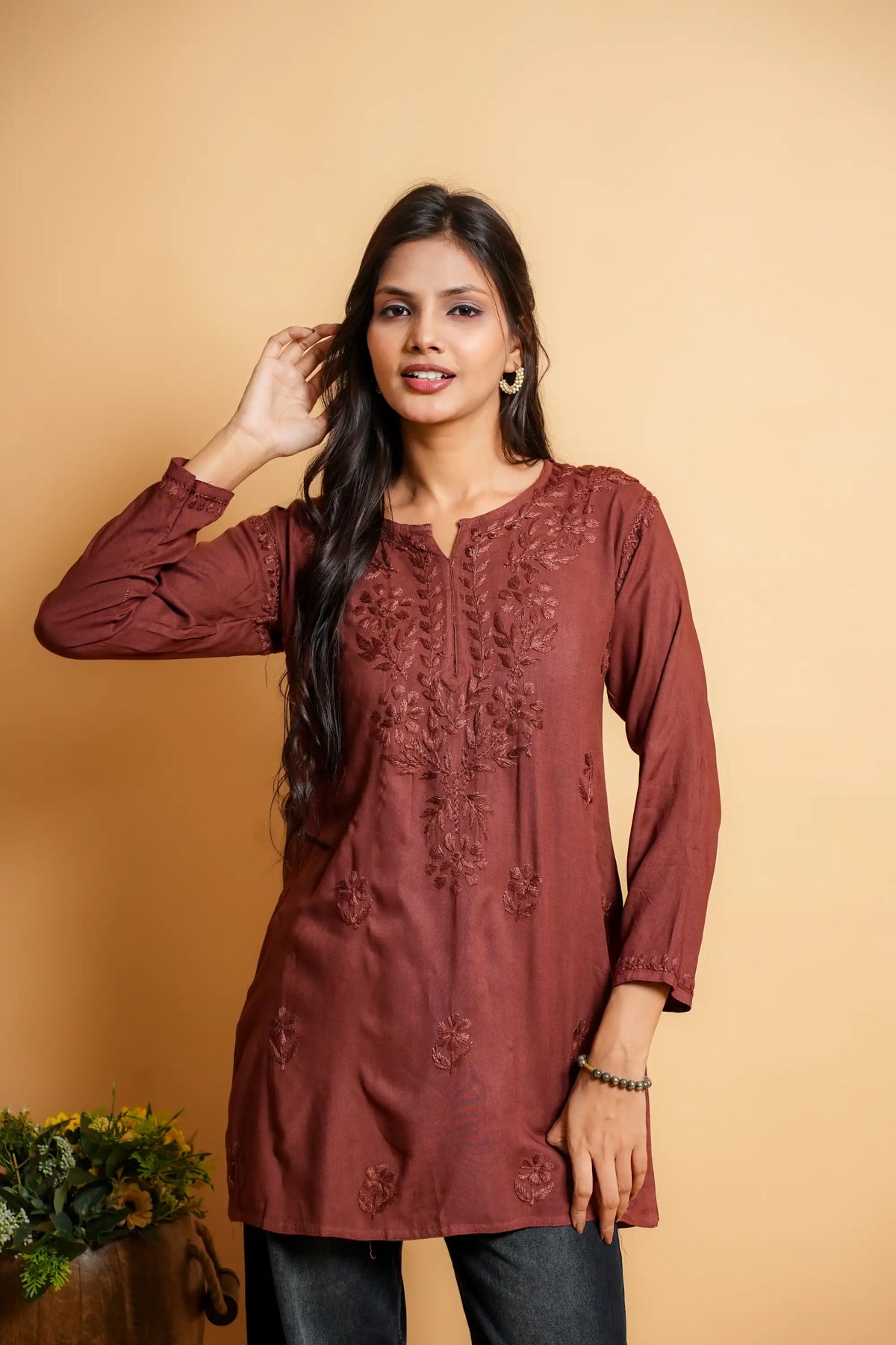 AYVERA Women's Chocolate Brown Rayon Chikankari Short Kurti
