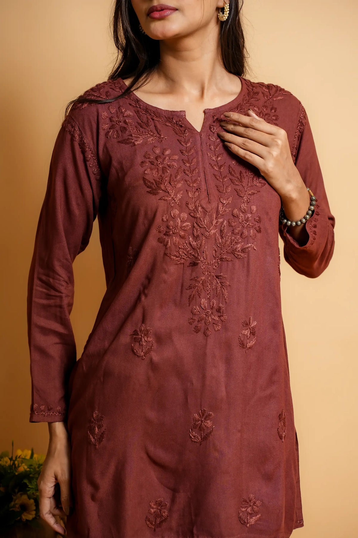 AYVERA Women's Chocolate Brown Rayon Chikankari Short Kurti