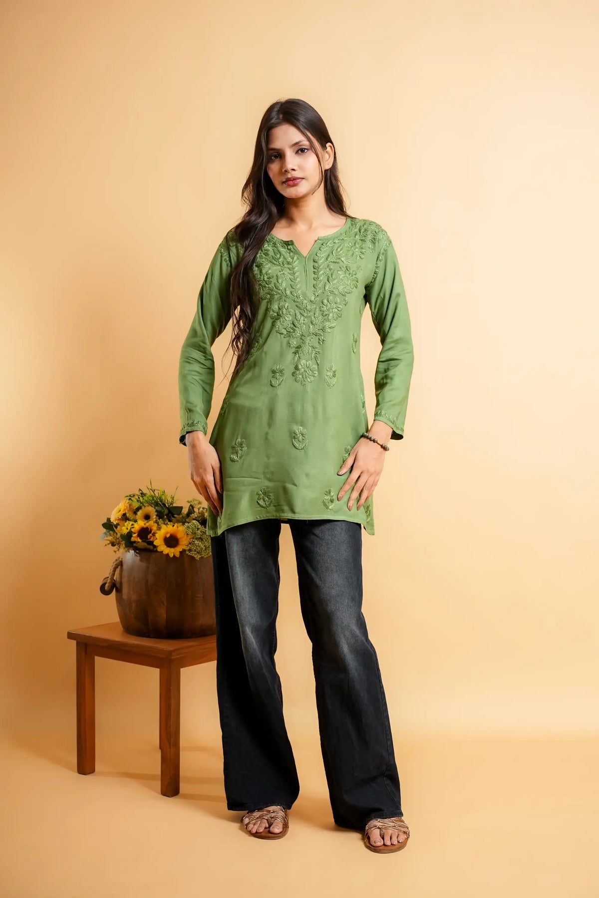 AYVERA Women's Olive Rayon Chikankari Short Kurti