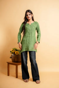 AYVERA Women's Olive Rayon Chikankari Short Kurti