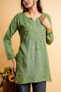 AYVERA Women's Olive Rayon Chikankari Short Kurti