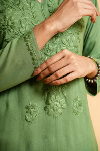 AYVERA Women's Olive Rayon Chikankari Short Kurti