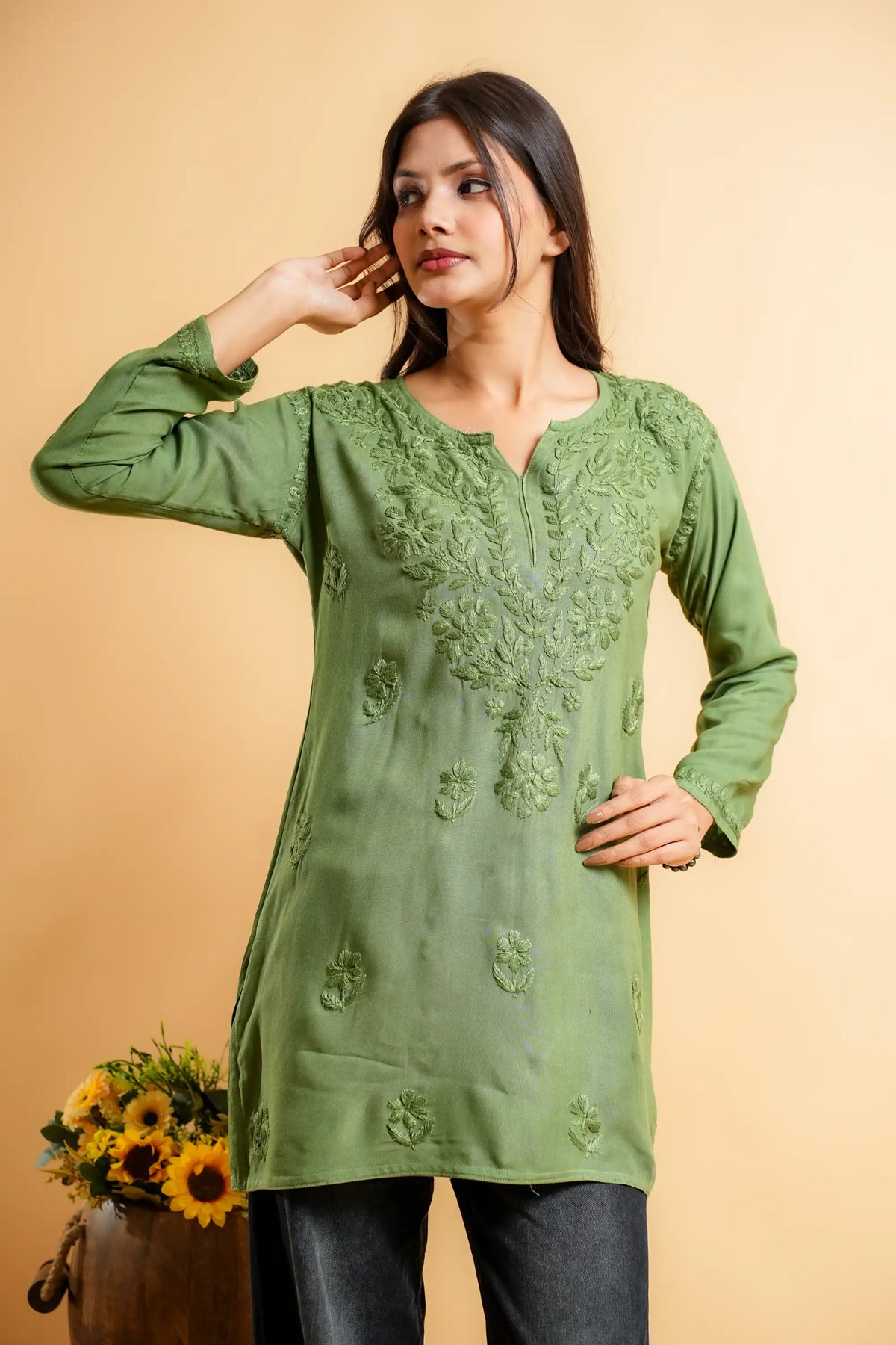 AYVERA Women's Olive Rayon Chikankari Short Kurti