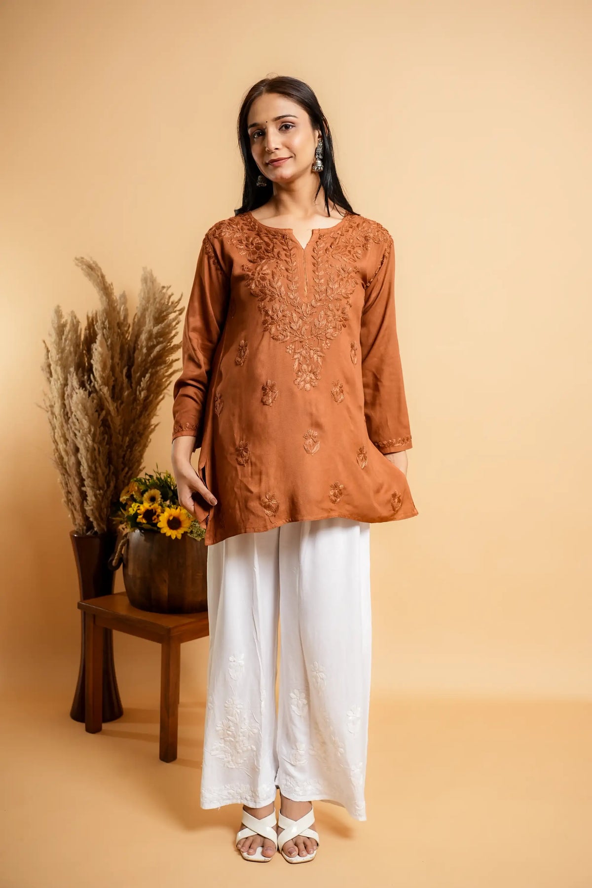 AYVERA Women's RUST BROWN Rayon Chikankari Short Kurti