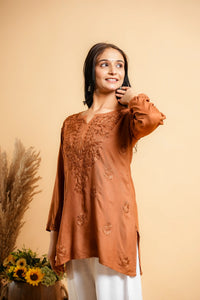 AYVERA Women's RUST BROWN Rayon Chikankari Short Kurti