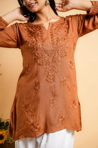 AYVERA Women's RUST BROWN Rayon Chikankari Short Kurti