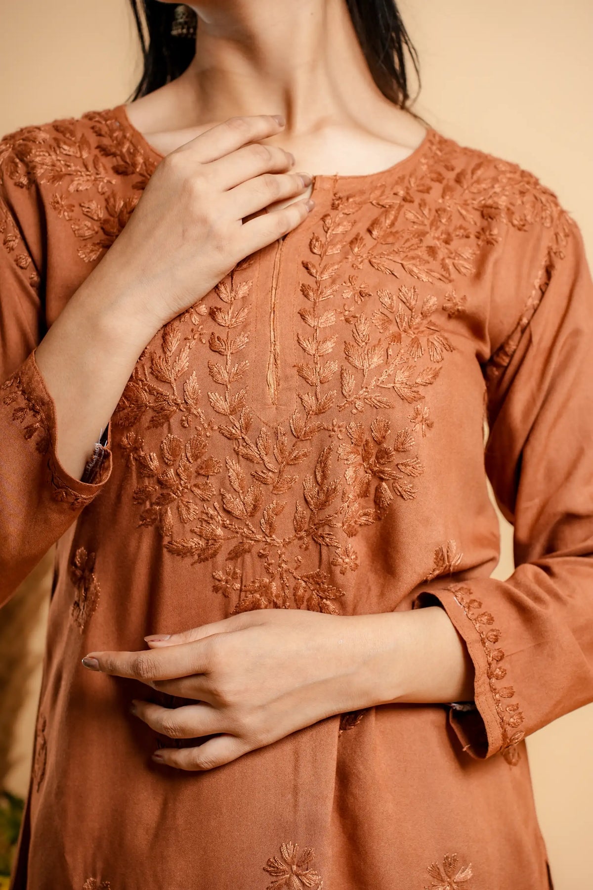 AYVERA Women's RUST BROWN Rayon Chikankari Short Kurti