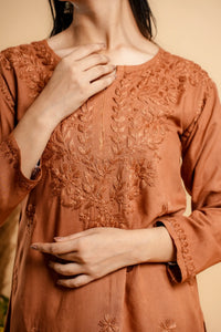AYVERA Women's RUST BROWN Rayon Chikankari Short Kurti
