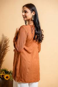 AYVERA Women's RUST BROWN Rayon Chikankari Short Kurti