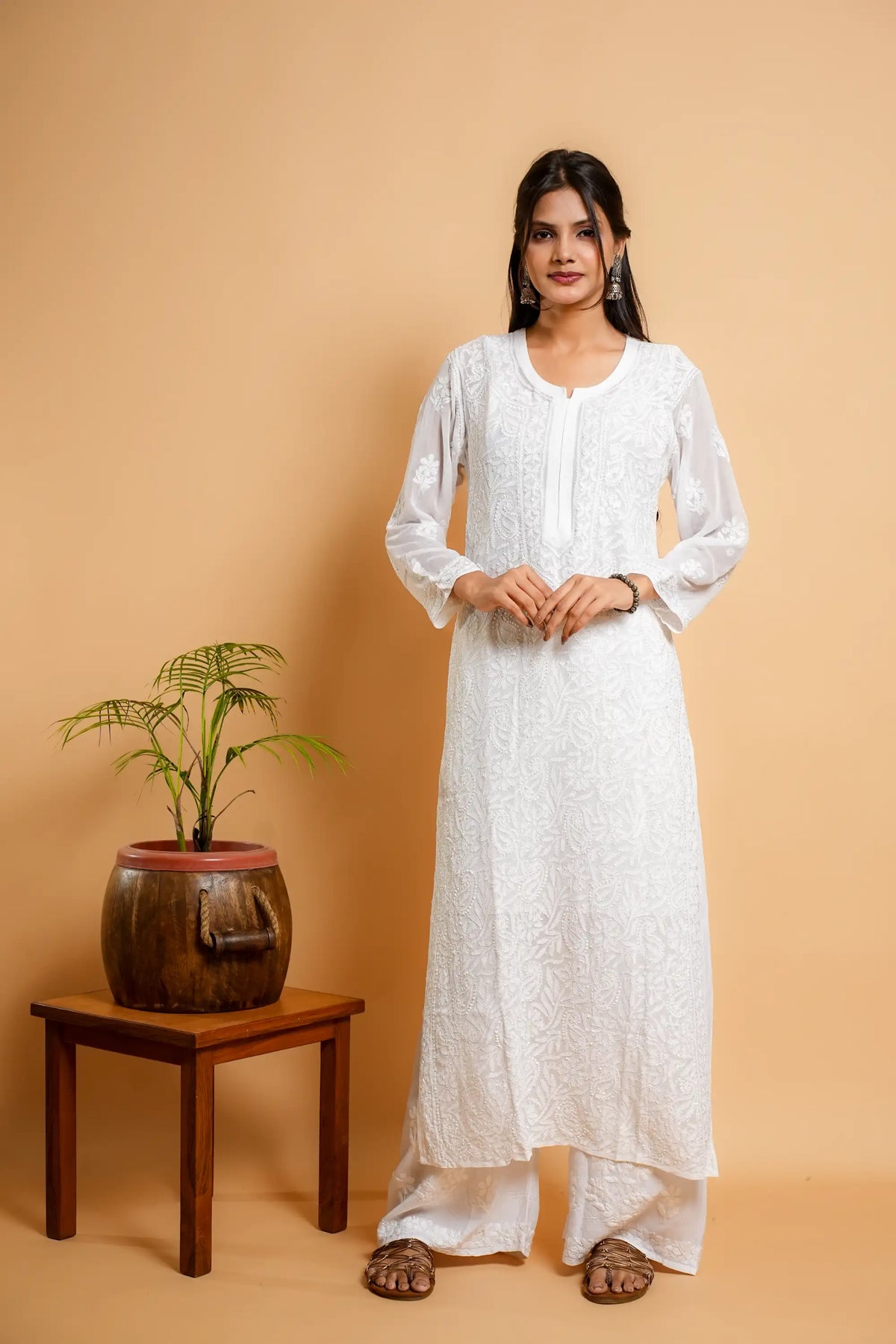 AYVERA Women's White Viscose Georgette Chikankari Kurti with Jhal & Silk Thread Work