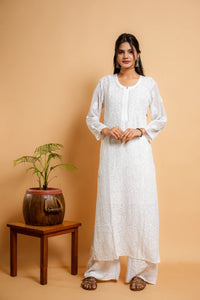 AYVERA Women's White Viscose Georgette Chikankari Kurti with Jhal & Silk Thread Work
