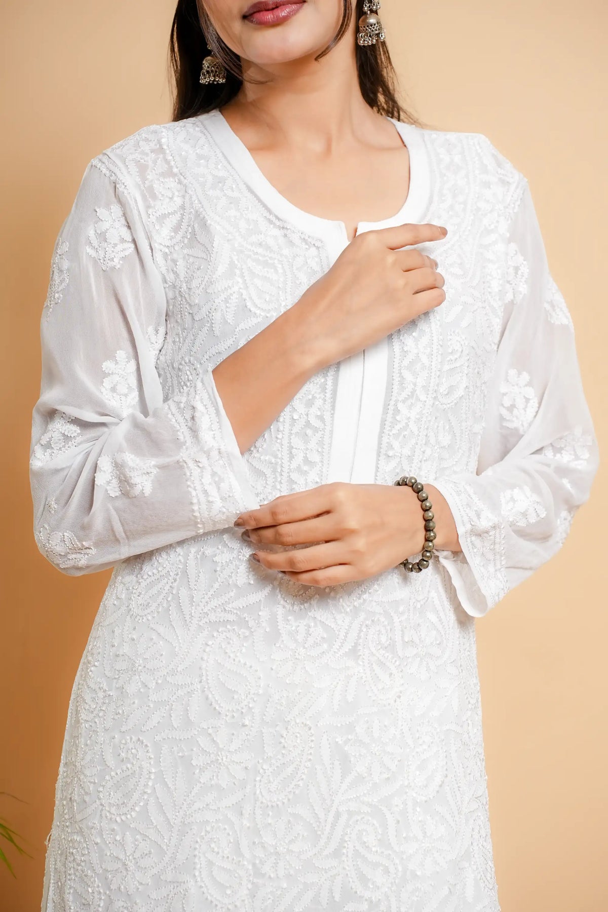 AYVERA Women's White Viscose Georgette Chikankari Kurti with Jhal & Silk Thread Work