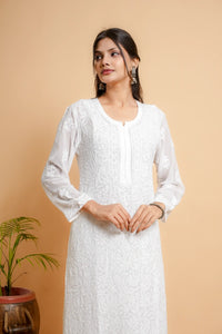 AYVERA Women's White Viscose Georgette Chikankari Kurti with Jhal & Silk Thread Work