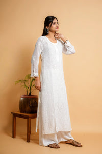 AYVERA Women's White Viscose Georgette Chikankari Kurti with Jhal & Silk Thread Work