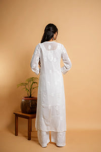 AYVERA Women's White Viscose Georgette Chikankari Kurti with Jhal & Silk Thread Work
