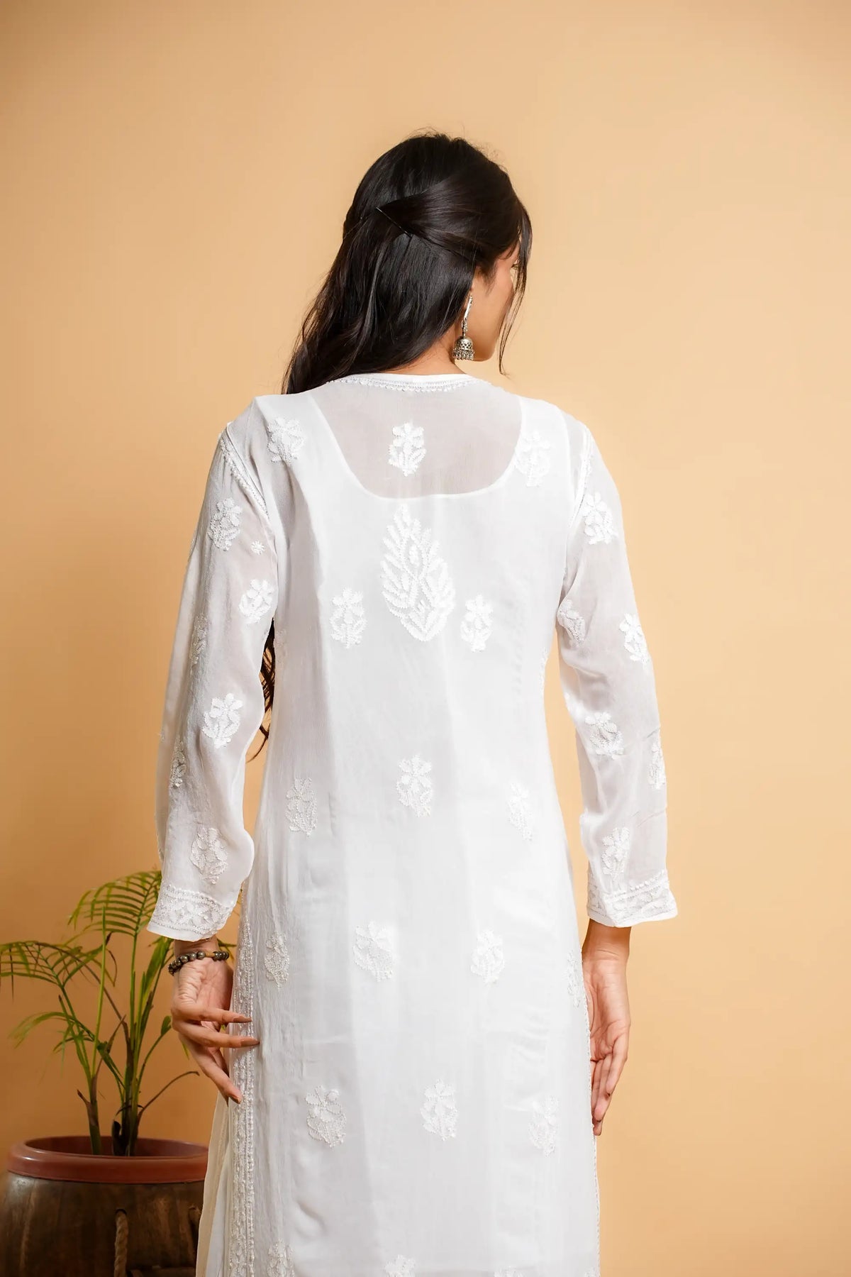 AYVERA Women's White Viscose Georgette Chikankari Kurti with Jhal & Silk Thread Work