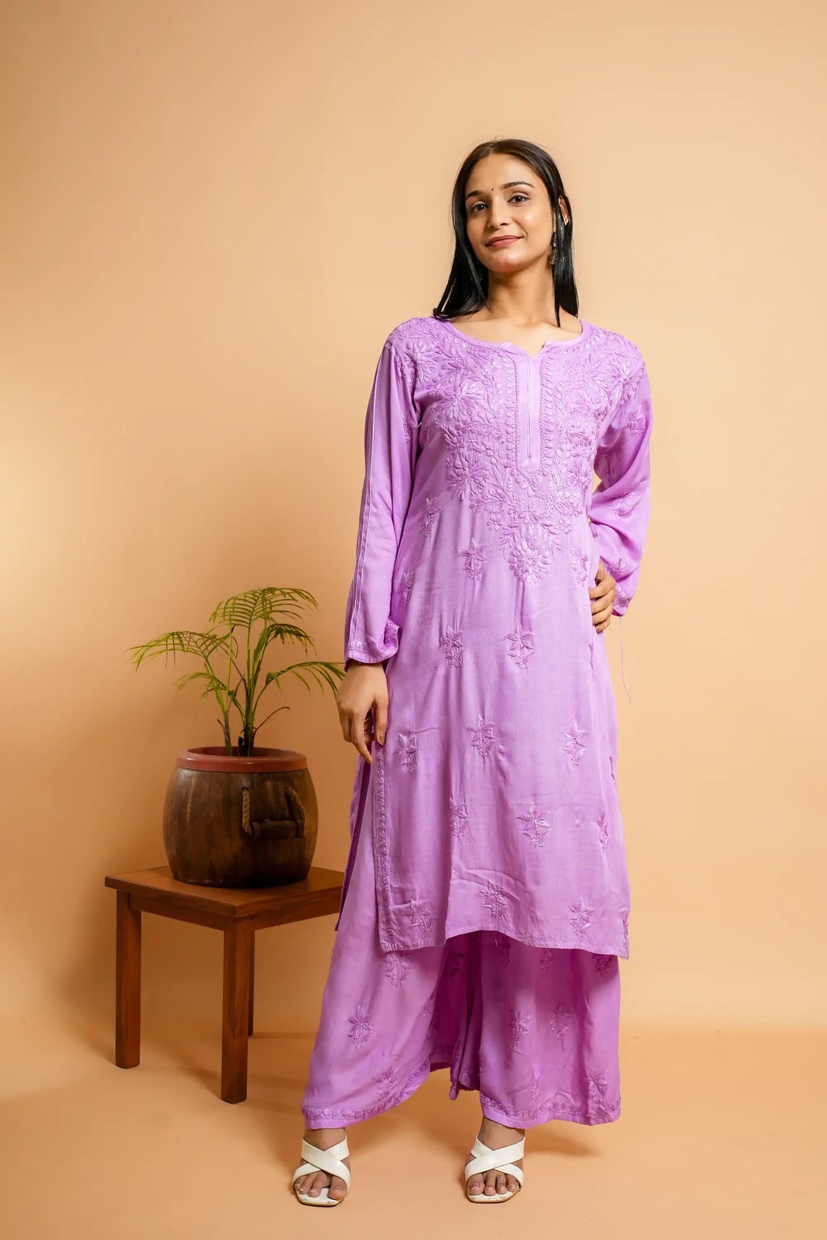 AYVERA Women's Lavender  Rayon Chikankari Palazzo Set