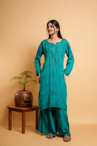 AYVERA Women's Teal  Rayon Chikankari Palazzo Set