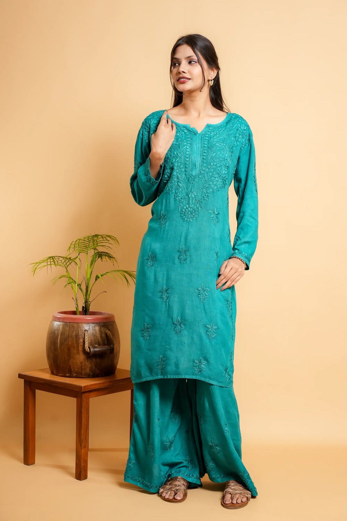 AYVERA Women's Teal  Rayon Chikankari Palazzo Set