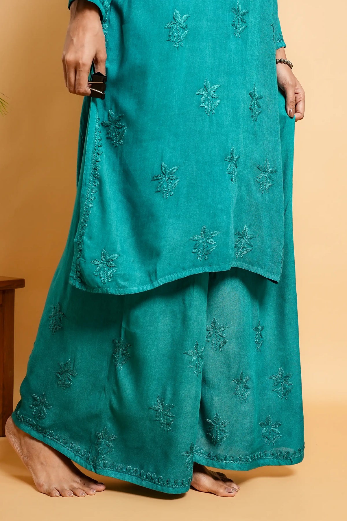 AYVERA Women's Teal  Rayon Chikankari Palazzo Set
