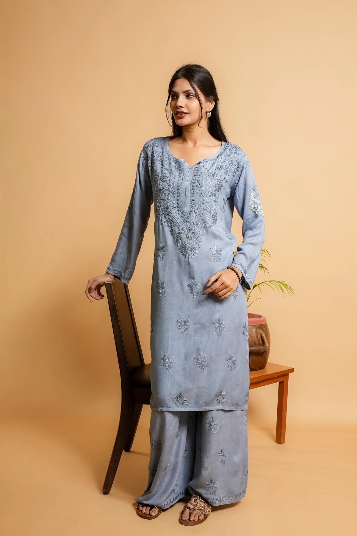 AYVERA Women's Dusty Blue  Rayon Chikankari Palazzo Set