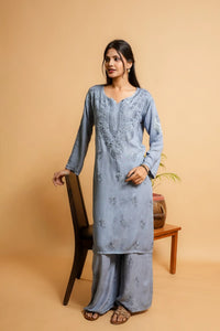 AYVERA Women's Dusty Blue  Rayon Chikankari Palazzo Set