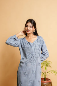 AYVERA Women's Dusty Blue  Rayon Chikankari Palazzo Set