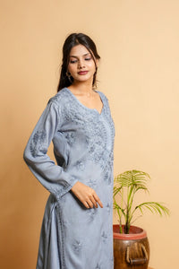 AYVERA Women's Dusty Blue  Rayon Chikankari Palazzo Set