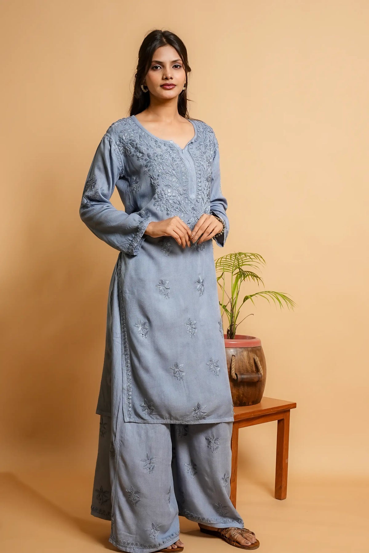 AYVERA Women's Dusty Blue  Rayon Chikankari Palazzo Set