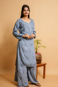 AYVERA Women's Dusty Blue  Rayon Chikankari Palazzo Set