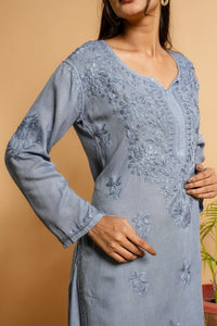 AYVERA Women's Dusty Blue  Rayon Chikankari Palazzo Set
