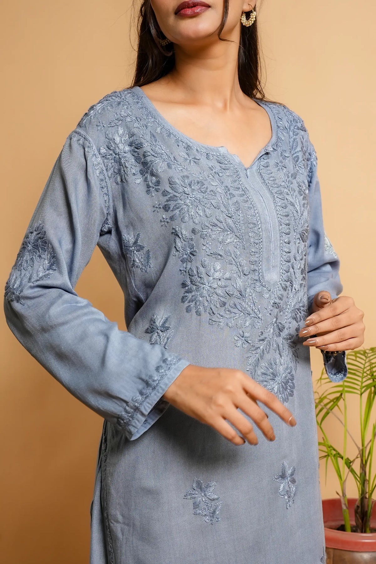 AYVERA Women's Dusty Blue  Rayon Chikankari Palazzo Set