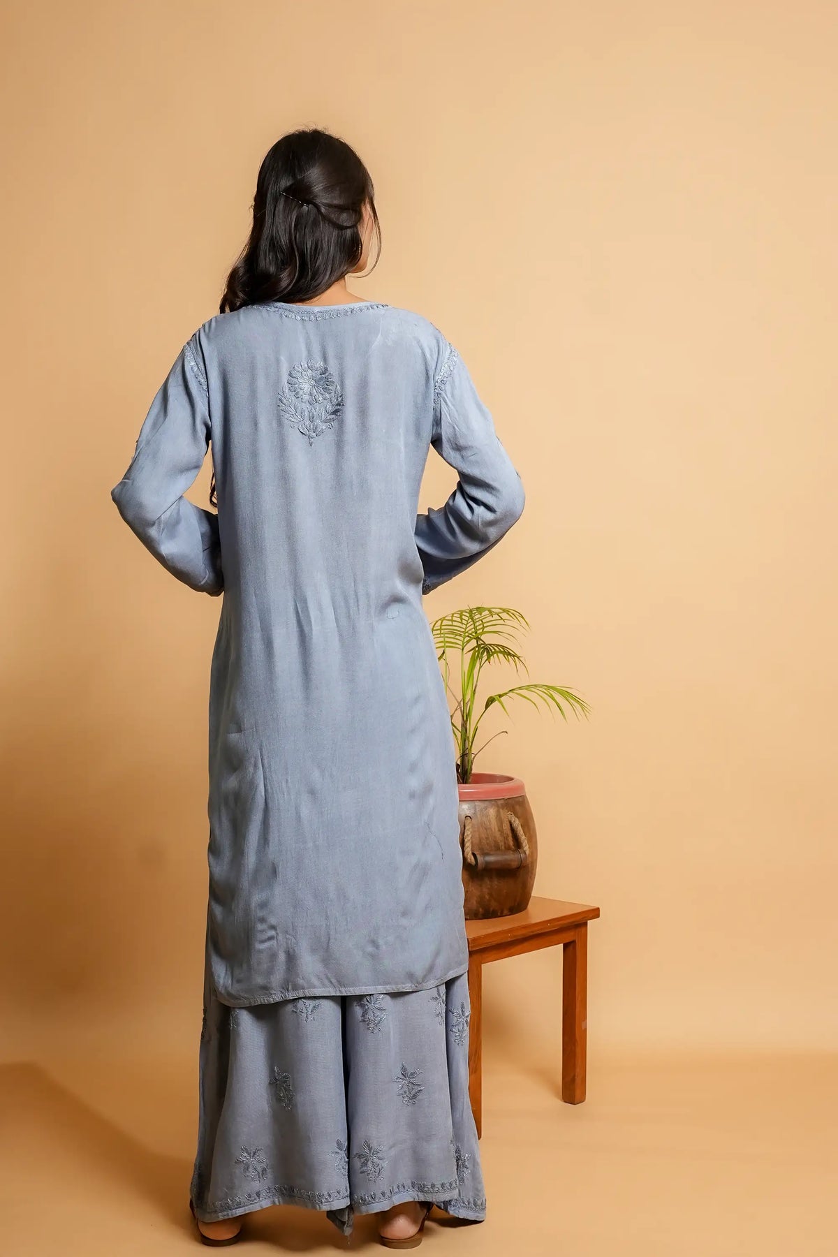 AYVERA Women's Dusty Blue  Rayon Chikankari Palazzo Set