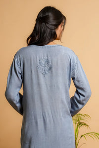 AYVERA Women's Dusty Blue  Rayon Chikankari Palazzo Set