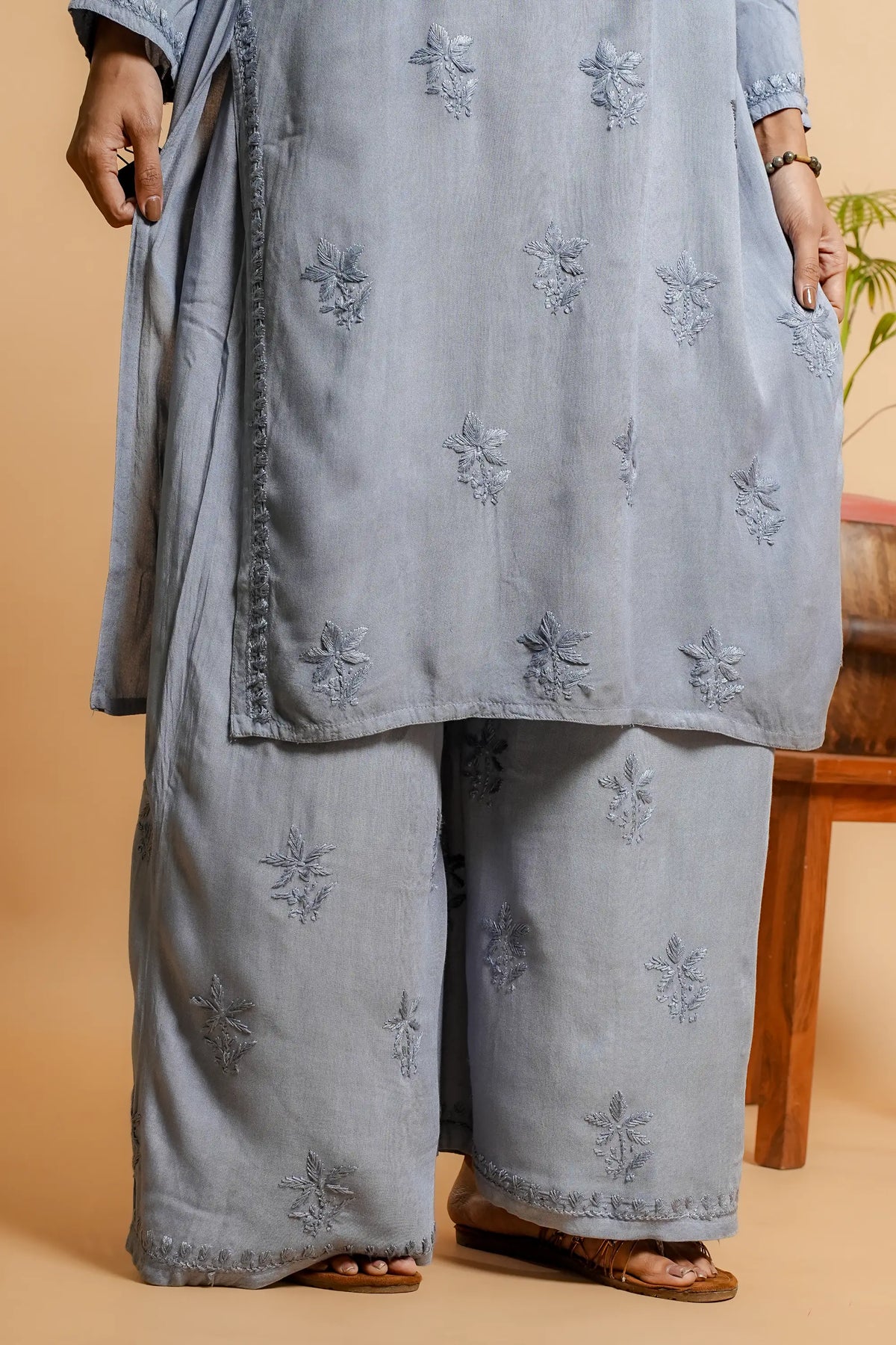 AYVERA Women's Dusty Blue  Rayon Chikankari Palazzo Set