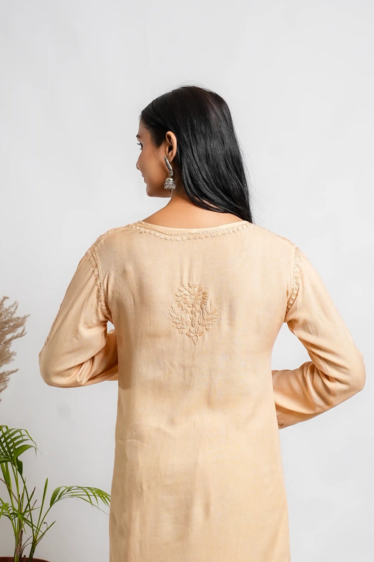 AYVERA Women's Champagne Beige Rayon Chikankari Palazzo Set