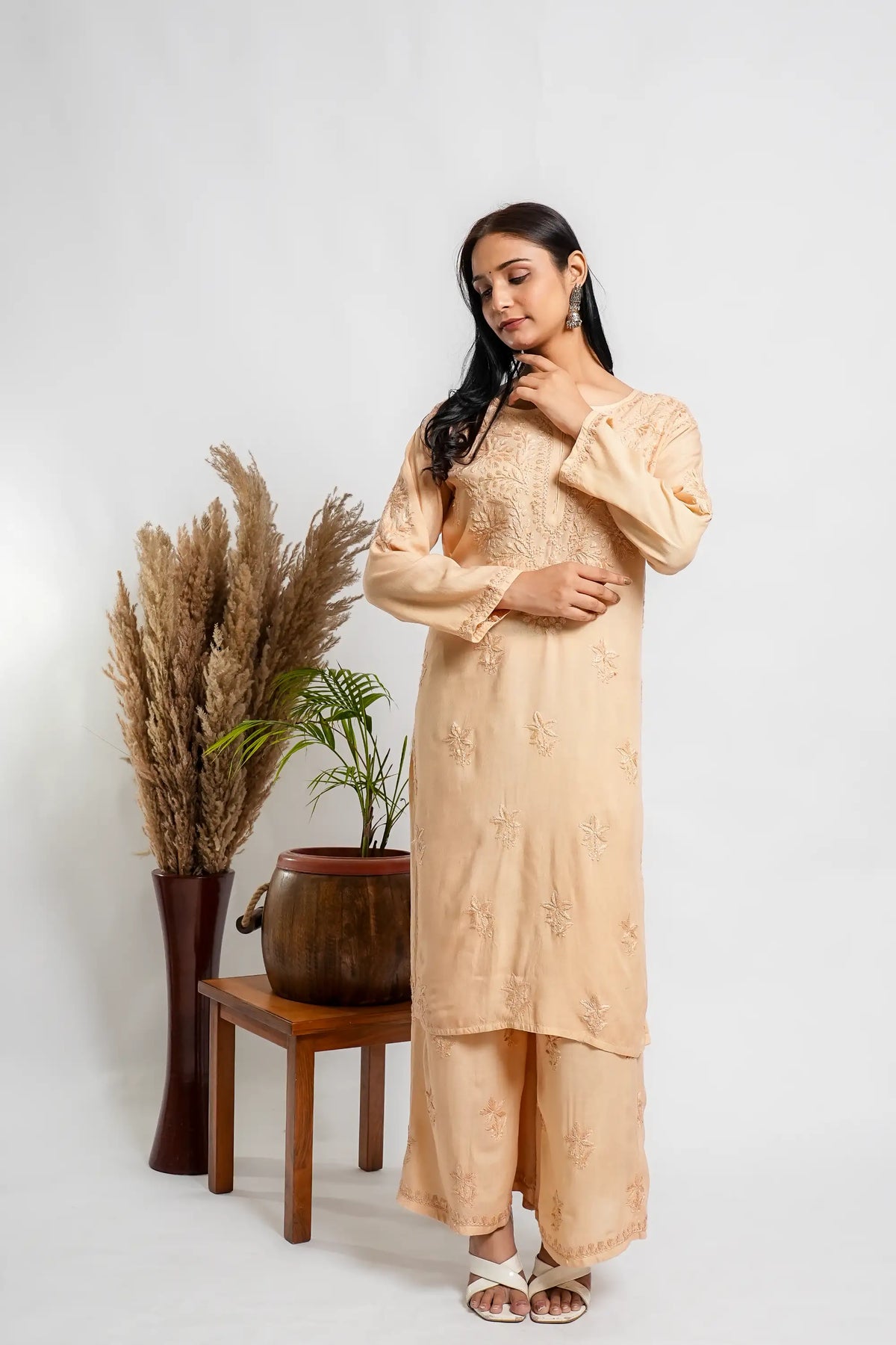 AYVERA Women's Champagne Beige Rayon Chikankari Palazzo Set