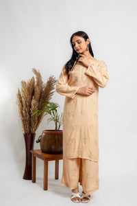 AYVERA Women's Champagne Beige Rayon Chikankari Palazzo Set
