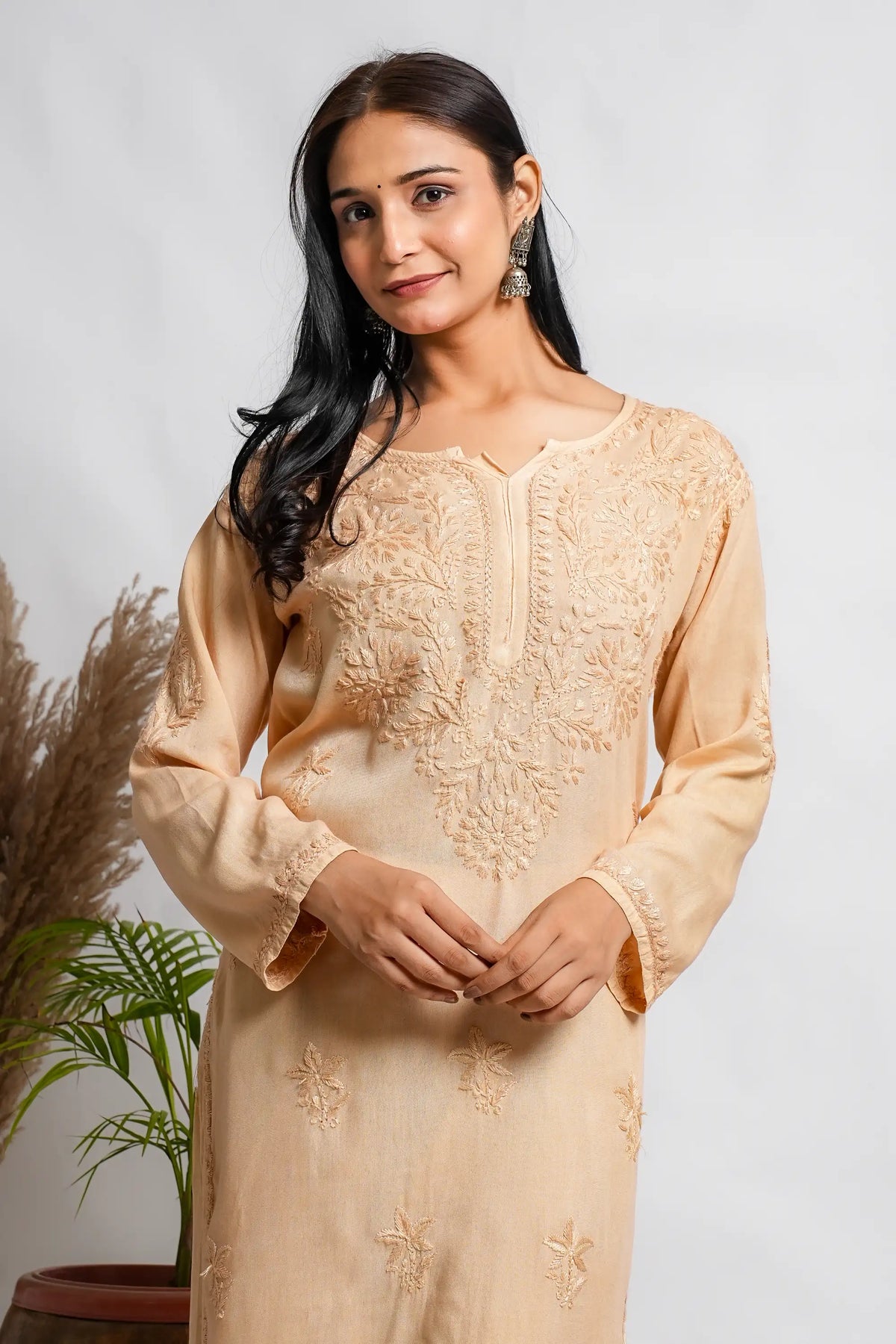 AYVERA Women's Champagne Beige Rayon Chikankari Palazzo Set