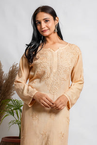 AYVERA Women's Champagne Beige Rayon Chikankari Palazzo Set