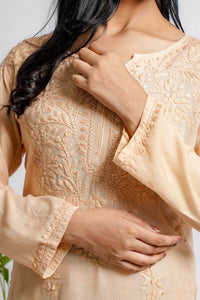 AYVERA Women's Champagne Beige Rayon Chikankari Palazzo Set